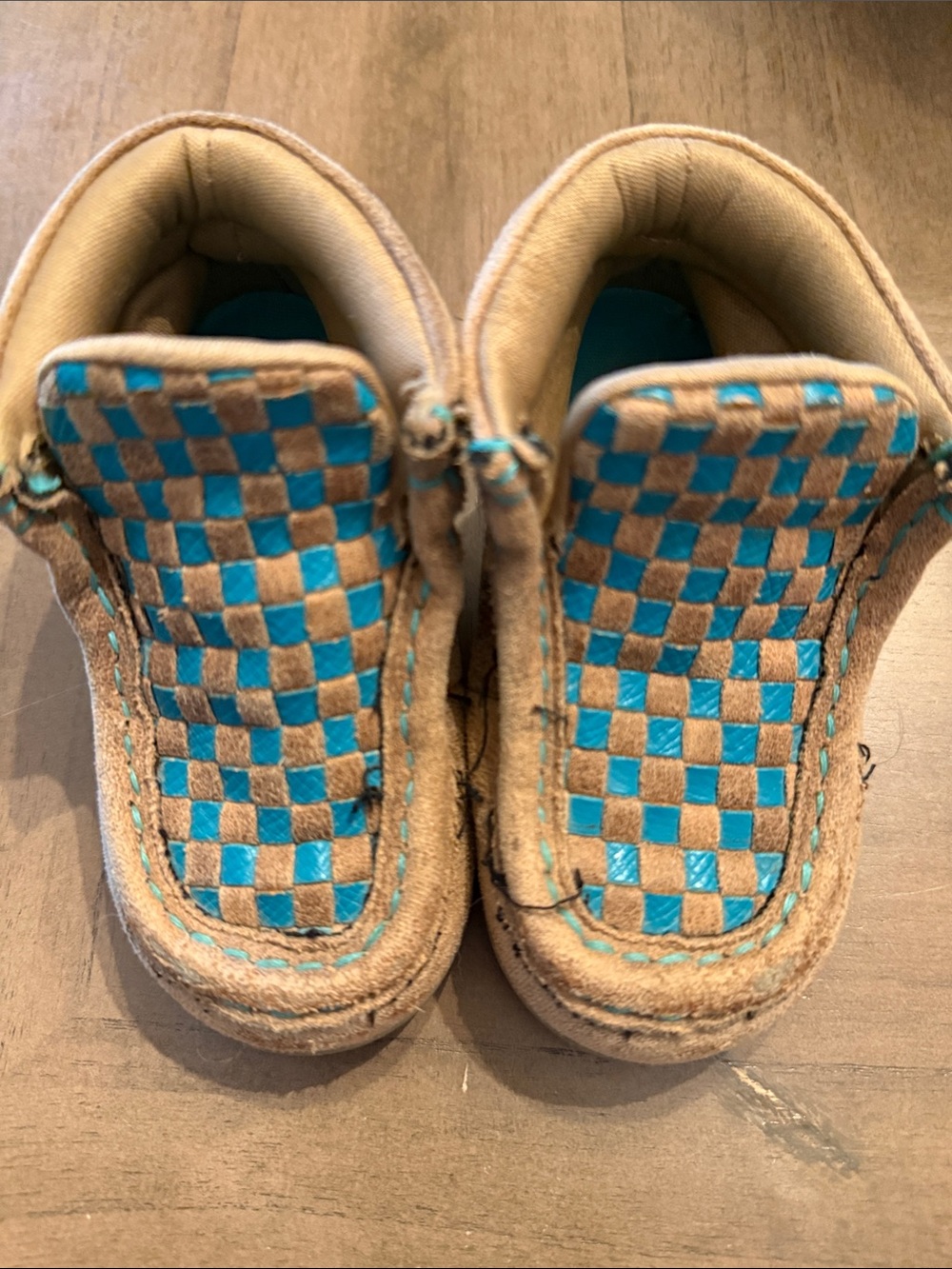 Twister Tan and Turquoise Check Moccasin Slip-Ons